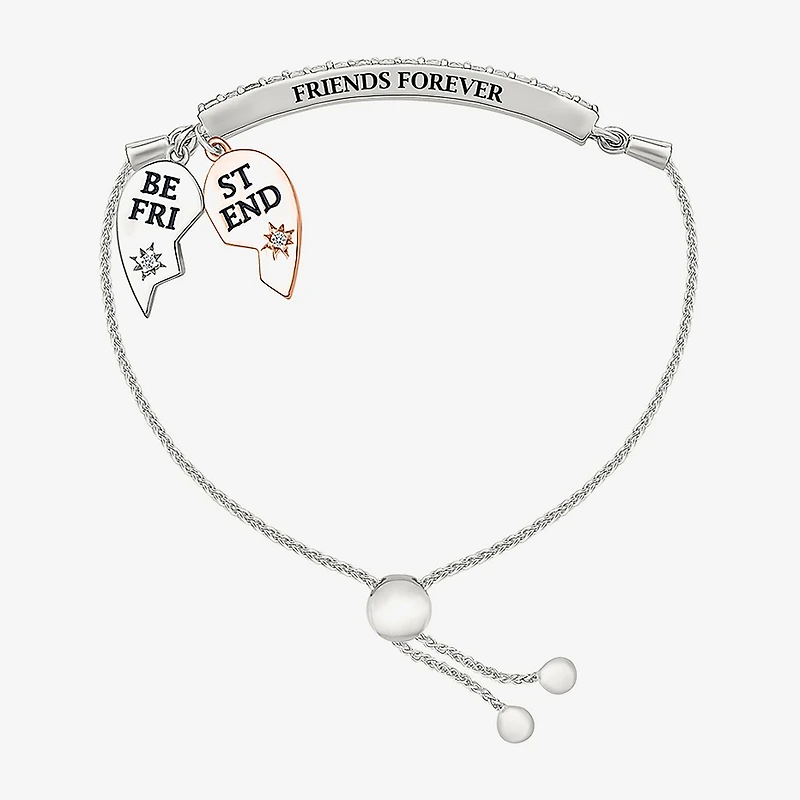 "Best Friend" Womens Lab Created White Sapphire 10K Rose Gold Sterling Silver Heart Bolo Bracelet