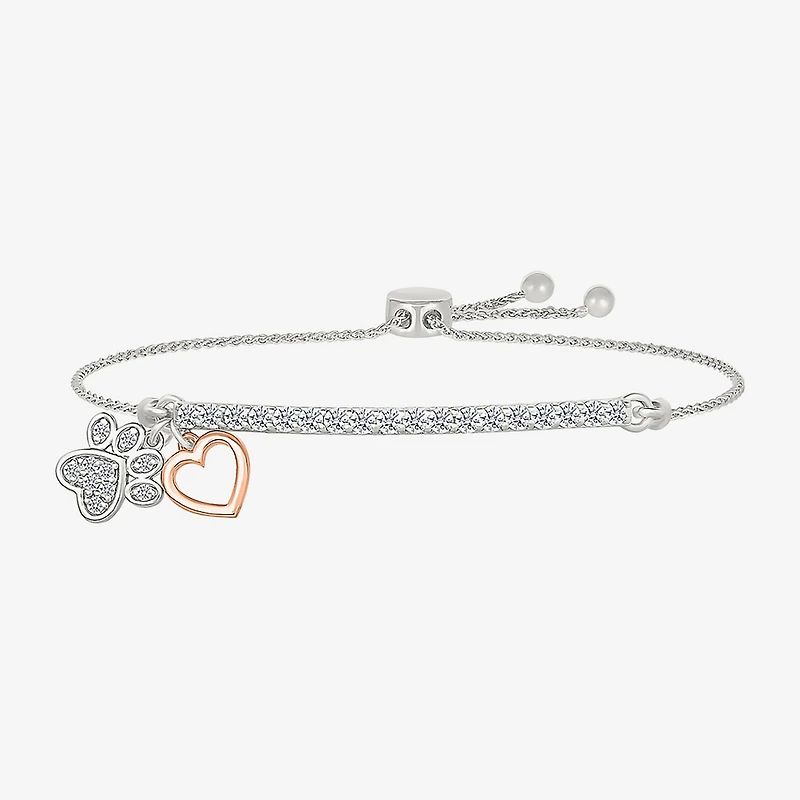 "Paw Print" Womens Lab Created White Sapphire 10K Rose Gold Sterling Silver Heart Bolo Bracelet