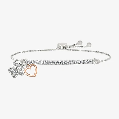 "Paw Print" Womens Lab Created White Sapphire 10K Rose Gold Sterling Silver Heart Bolo Bracelet