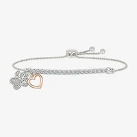 "Paw Print" Womens Lab Created White Sapphire 10K Rose Gold Sterling Silver Heart Bolo Bracelet