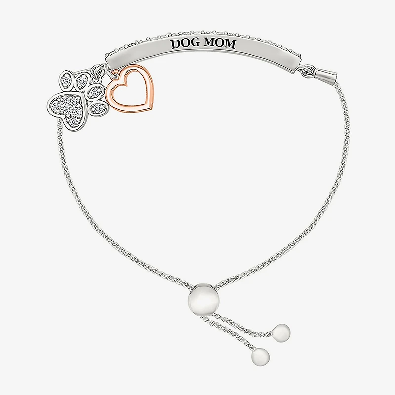 "Paw Print" Womens Lab Created White Sapphire 10K Rose Gold Sterling Silver Heart Bolo Bracelet