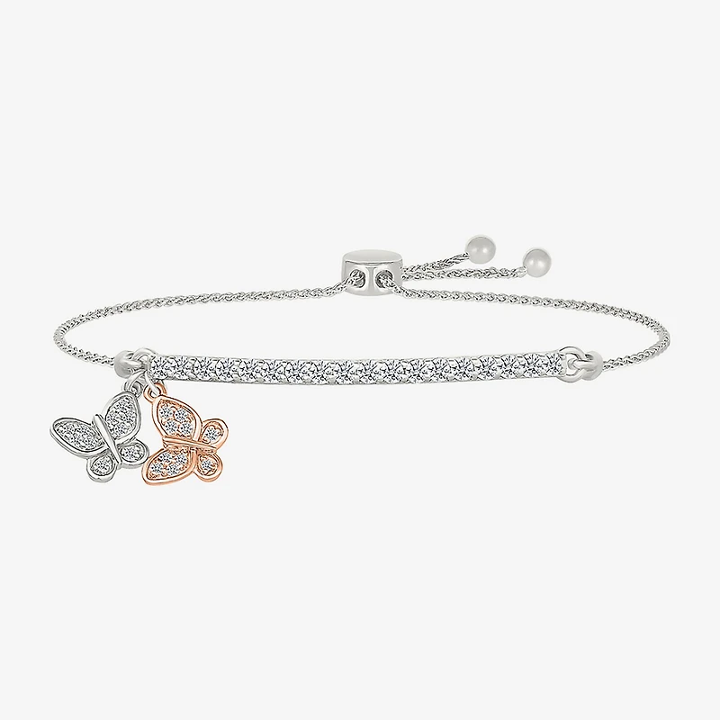 Womens Lab Created White Sapphire 10K Rose Gold Sterling Silver Butterfly Bolo Bracelet