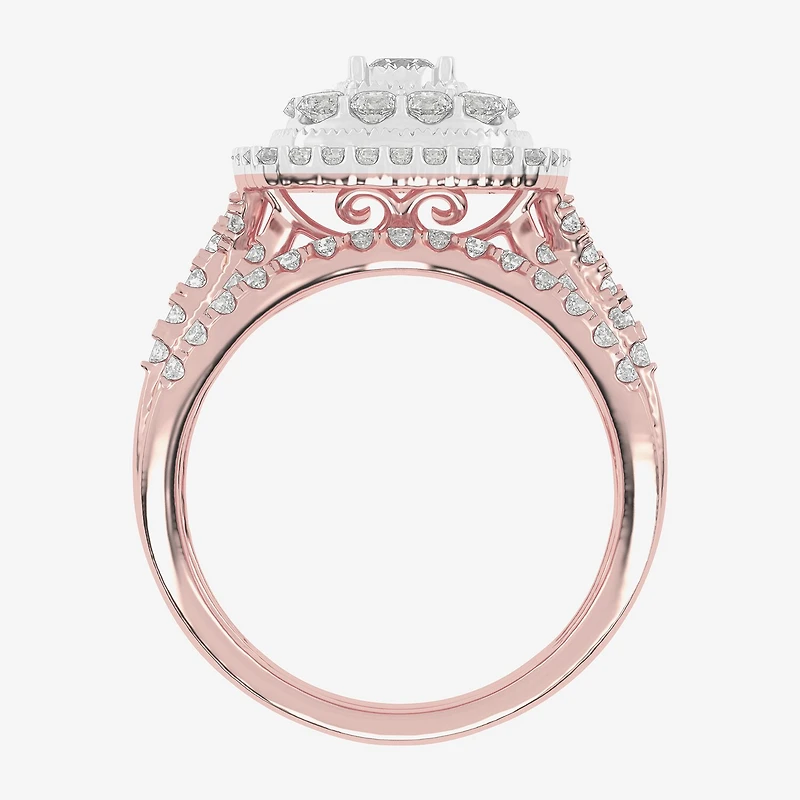 (H-I / Si1-Si2) Womens 1 CT. T.W. Lab Grown White Diamond 10K or 14K Gold Cushion Halo Bridal Set