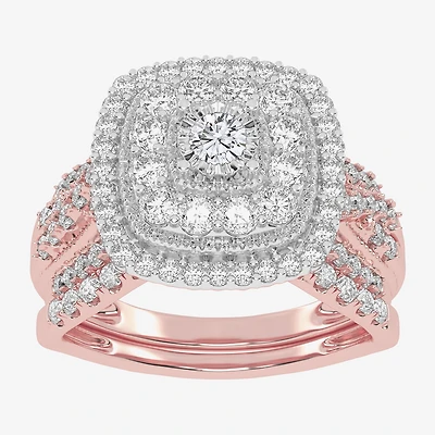 (H-I / Si1-Si2) Womens 1 CT. T.W. Lab Grown White Diamond 10K or 14K Gold Cushion Halo Bridal Set