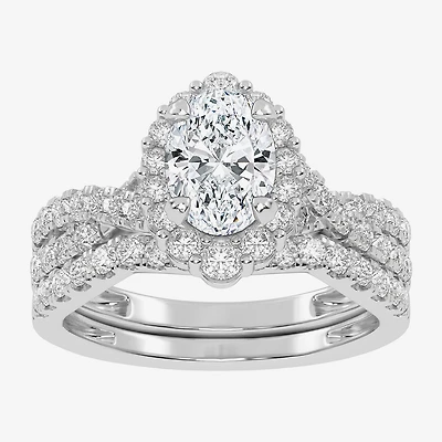 Signature By Modern Bride (G-H / Si1-Si2) Womens 1 1/3 CT. T.W. Lab Grown White Diamond 10K Gold Oval Side Stone Halo Bridal Set