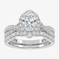 Signature By Modern Bride (G-H / Si1-Si2) Womens 1 1/3 CT. T.W. Lab Grown White Diamond 10K Gold Oval Side Stone Halo Bridal Set