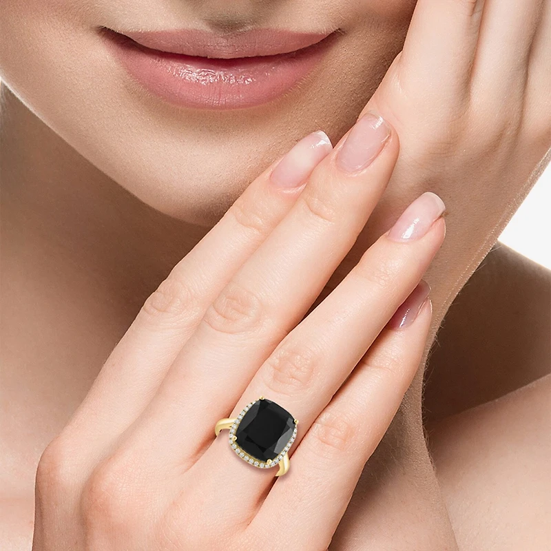 Effy Final Call Limited Quantities! Womens 1/4 CT. T.W. Genuine Black Onyx 14K Gold Cushion Halo Cocktail Ring