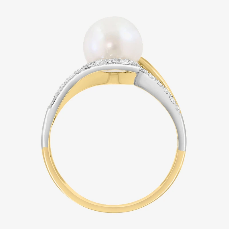 Effy Final Call Limited Quantities! Womens 1/7 CT. T.W. 8MM Genuine White Cultured Freshwater Pearl 14K Gold Round Side Stone Bypass Cocktail Ring