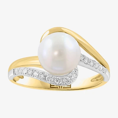 Effy Final Call Limited Quantities! Womens 1/7 CT. T.W. 8MM Genuine White Cultured Freshwater Pearl 14K Gold Round Side Stone Bypass  Cocktail Ring