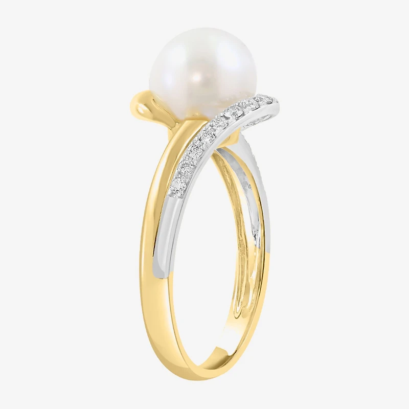 Effy Final Call Limited Quantities! Womens 1/7 CT. T.W. 8MM Genuine White Cultured Freshwater Pearl 14K Gold Round Side Stone Bypass Cocktail Ring