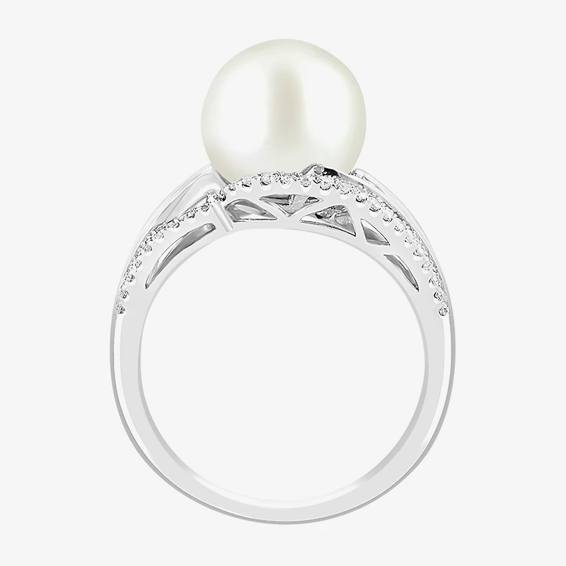 Effy Final Call Limited Quantities! Womens 1/2 CT. T.W. 10-10.5MM Genuine White Cultured Freshwater Pearl 14K Gold Round Side Stone Cocktail Ring