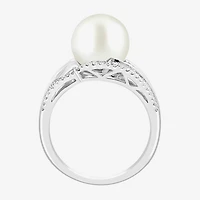 Effy Final Call Limited Quantities! Womens 1/2 CT. T.W. 10-10.5MM Genuine White Cultured Freshwater Pearl 14K Gold Round Side Stone Cocktail Ring