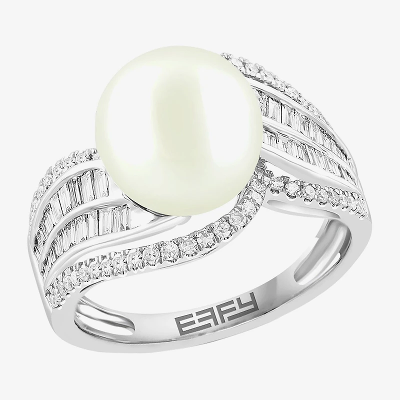 Effy Final Call Limited Quantities! Womens 1/2 CT. T.W. 10-10.5MM Genuine White Cultured Freshwater Pearl 14K Gold Round Side Stone Cocktail Ring