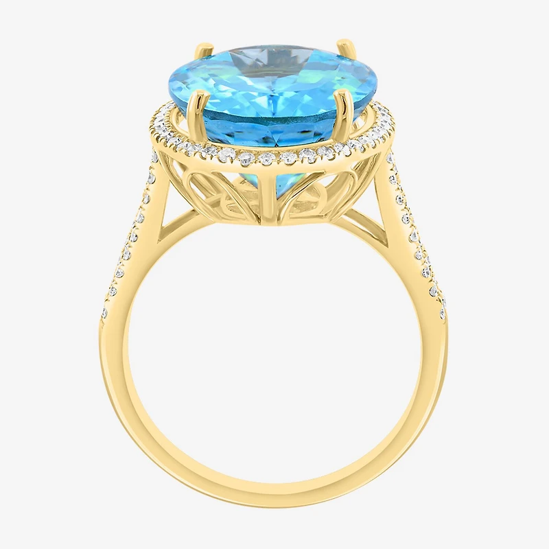 Effy Final Call Limited Quantities! Womens 3/8 CT. T.W. Genuine Blue Topaz 14K Gold Oval Halo Side Stone Cocktail Ring