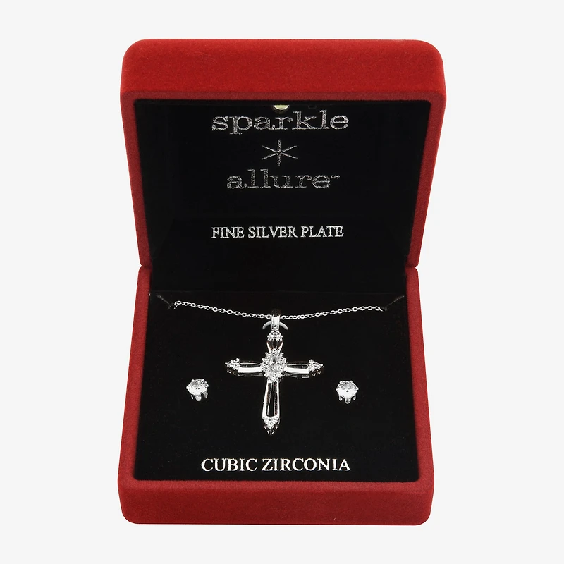 Sparkle Allure Light Up Box Womens Cubic Zirconia Pure Silver Over Brass Cross 2-pc. Jewelry Set