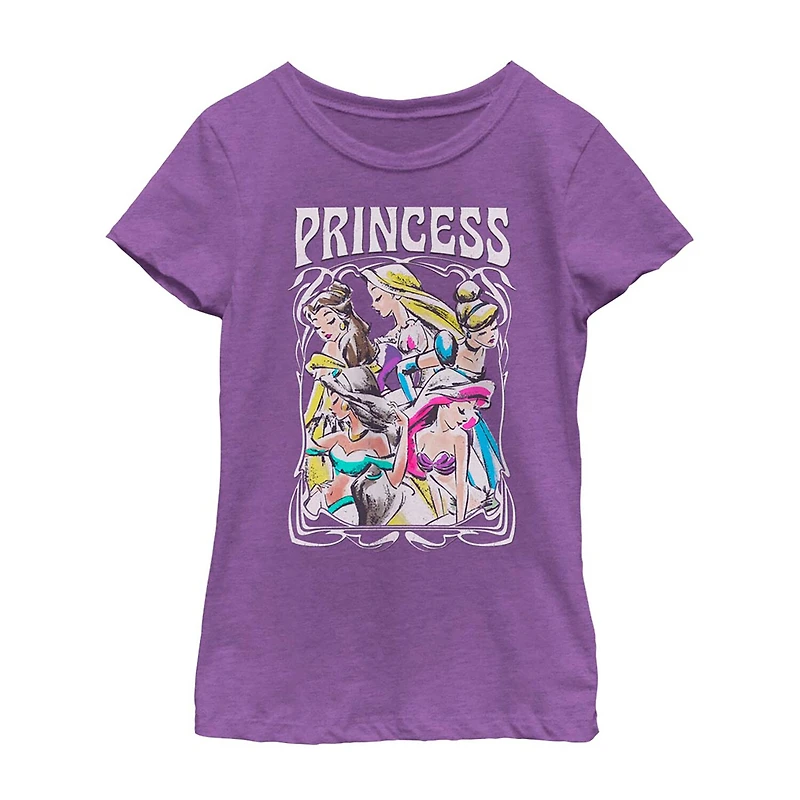 Disney Collection Little & Big Kid Girls Crew Neck Short Sleeve Regular Fit Ariel Belle Cinderella Graphic T-Shirt