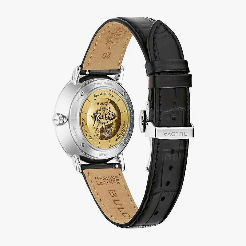 Bulova Frank Sinatra Rat Pack Mens Automatic Black Leather Strap Watch 96b406