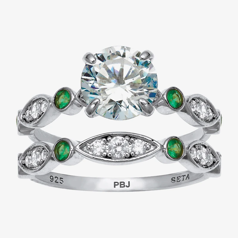 Diamonart Womens 2 1/2 CT. T.W. Cubic Zirconia Platinum Over Silver Round Bridal Set