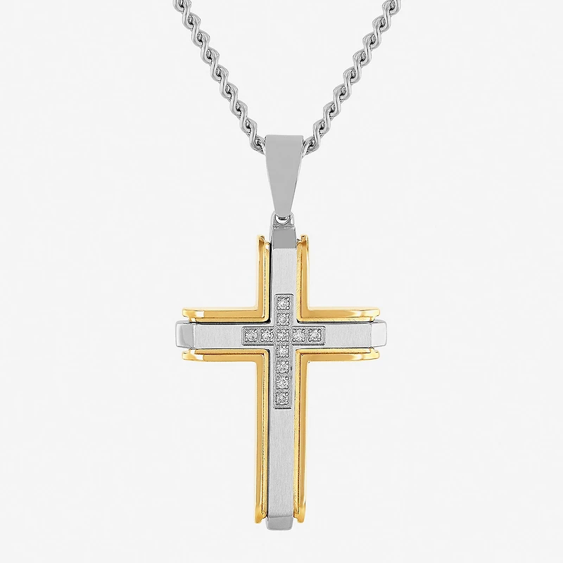 (G-H / I1) Mens 1/5 CT. Lab Grown White Diamond Stainless Steel Cross 24 Inch Pendant Necklace
