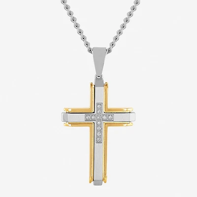 (G-H / I1) Mens 1/5 CT. Lab Grown White Diamond Stainless Steel Cross 24 Inch Pendant Necklace