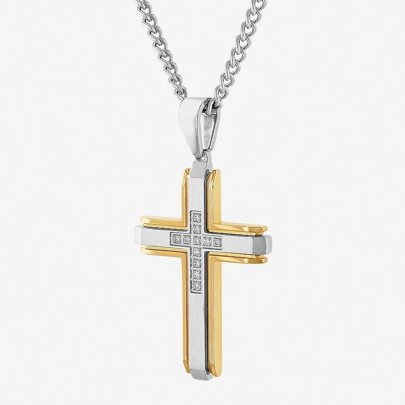 (G-H / I1) Mens 1/5 CT. Lab Grown White Diamond Stainless Steel Cross 24 Inch Pendant Necklace