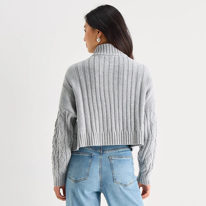 Arizona Juniors Womens Mock Neck Long Sleeve Cable Knit Pullover Sweater