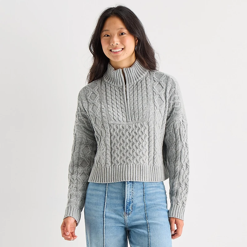 Arizona Juniors Womens Mock Neck Long Sleeve Cable Knit Pullover Sweater