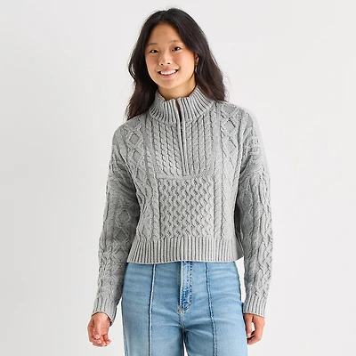 Arizona Juniors Womens Mock Neck Long Sleeve Cable Knit Pullover Sweater