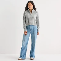 Arizona Juniors Womens Mock Neck Long Sleeve Cable Knit Pullover Sweater