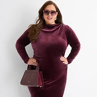 Ashley Graham Goddess Gather Velour Womens Plus Cowl Neck Long Sleeve Fitted Bodycon Dress
