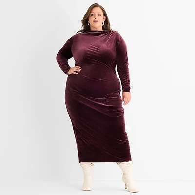 Ashley Graham Goddess Gather Velour Womens Plus Cowl Neck Long Sleeve Fitted Bodycon Dress