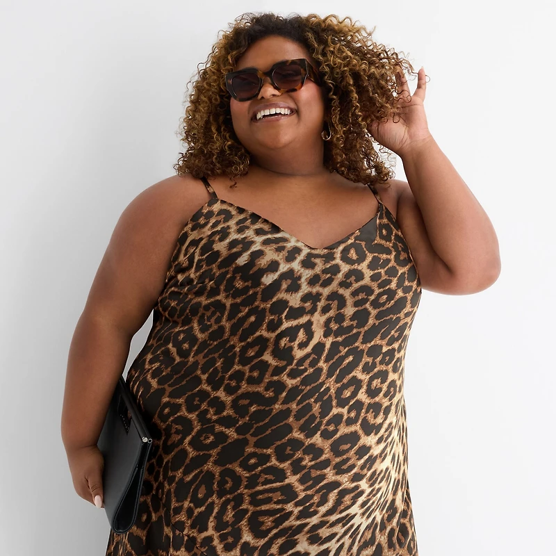 Ashley Graham Bias Satin Womens Plus Sleeveless Animal Slip Dress