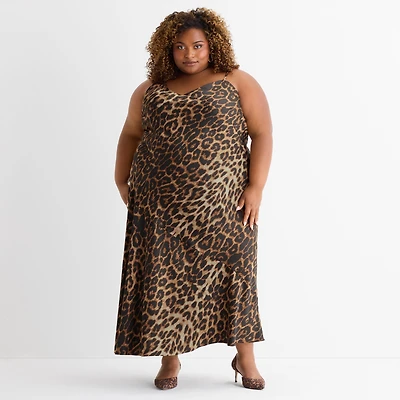 Ashley Graham Bias Satin Womens Plus Sleeveless Animal Slip Dress