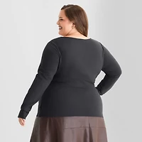 Ashley Graham Wire Notch Womens Plus Scoop Neck Long Sleeve T-Shirt