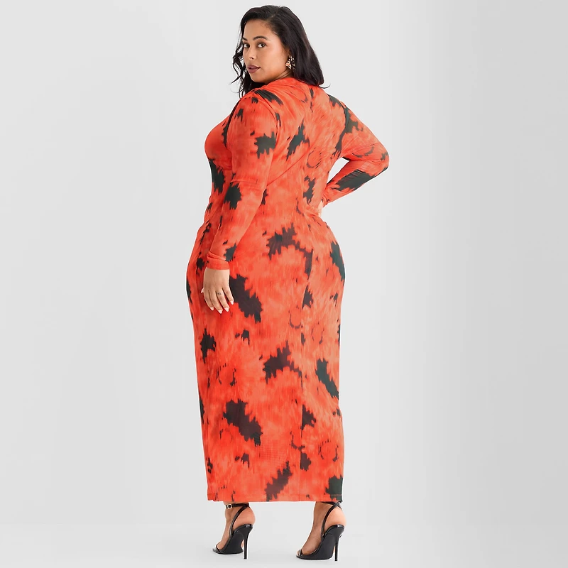 Ashley Graham Mesh Womens Plus Mock Neck Long Sleeve Fitted Floral Bodycon Dress