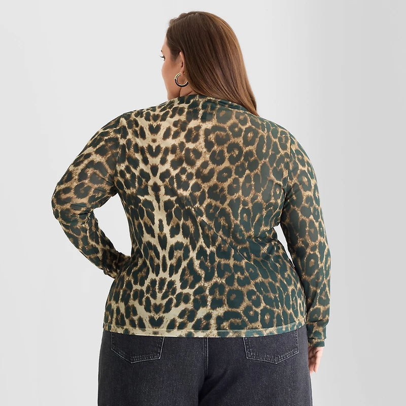 Ashley Graham Mesh Print Womens Plus Mock Neck Long Sleeve T-Shirt