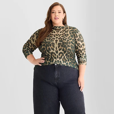 Ashley Graham Mesh Print Womens Plus Mock Neck Long Sleeve T-Shirt