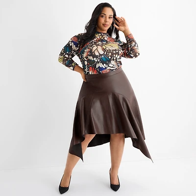 Ashley Graham Womens Plus Midi Faux Leather Asymmetrical Skirt