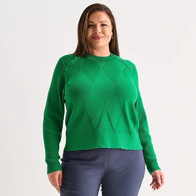 Liz Claiborne Plus Womens Crew Neck Long Sleeve Pullover Sweater