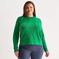 Liz Claiborne Plus Womens Crew Neck Long Sleeve Pullover Sweater