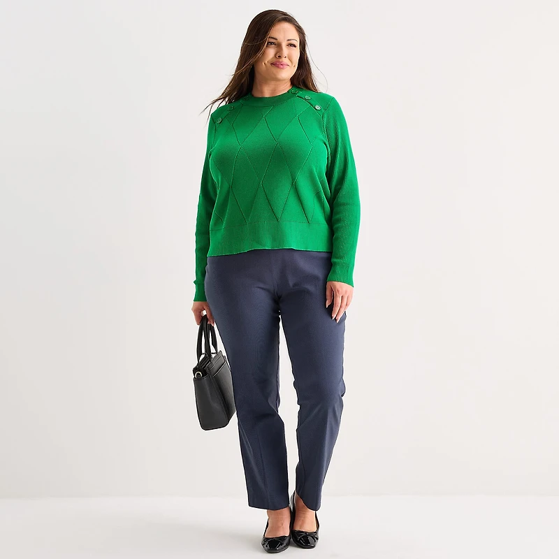 Liz Claiborne Plus Womens Crew Neck Long Sleeve Pullover Sweater