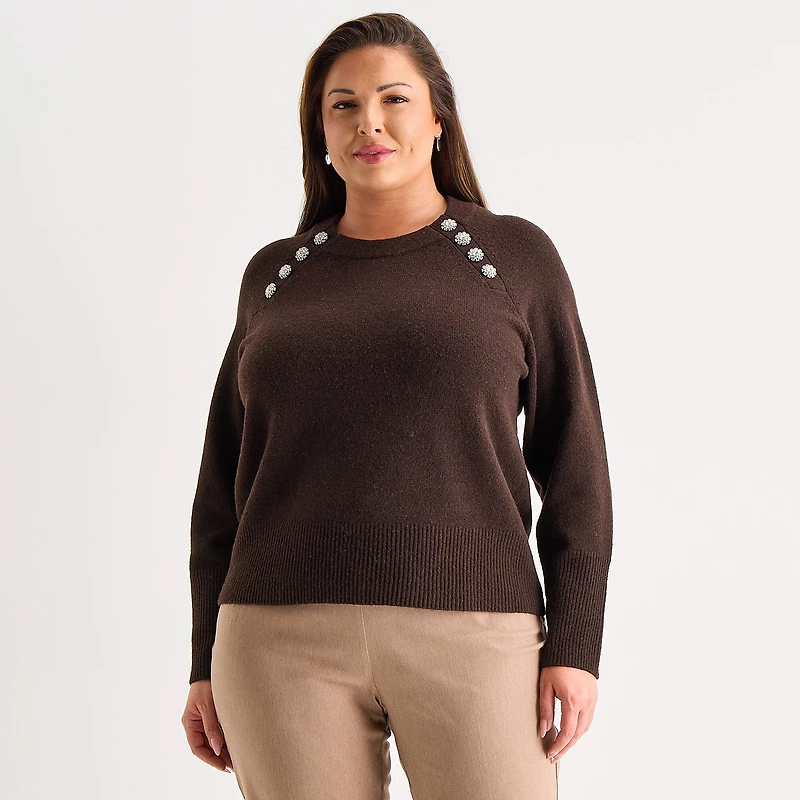 Liz Claiborne Plus Womens Crew Neck Long Sleeve Pullover Sweater