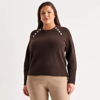 Liz Claiborne Plus Womens Crew Neck Long Sleeve Pullover Sweater