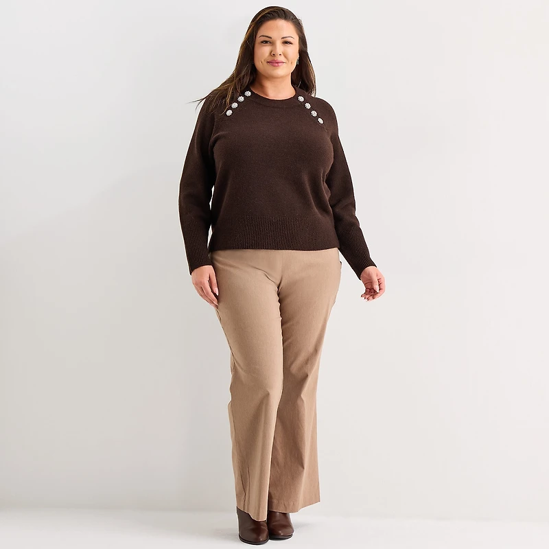 Liz Claiborne Plus Womens Crew Neck Long Sleeve Pullover Sweater