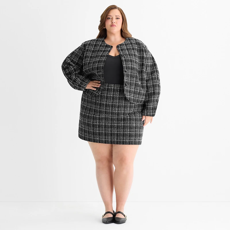 Ashley Graham Tweed Womens Plus Regular Fit Boucle Suit Jacket