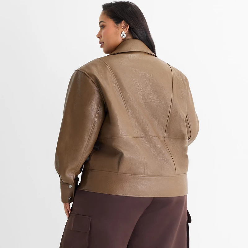 Ashley Graham Womens Plus Faux Leather Midweight Motorcycle Jacket