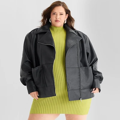 Ashley Graham Womens Plus Faux Leather Midweight Motorcycle Jacket