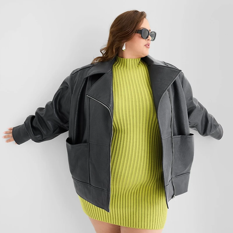 Ashley Graham Womens Plus Faux Leather Midweight Motorcycle Jacket