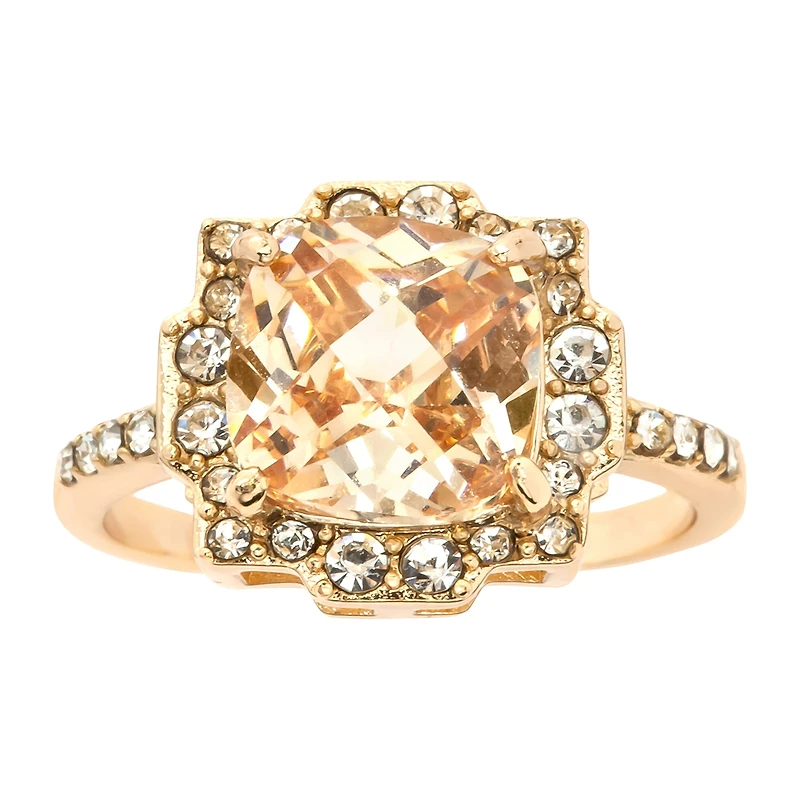 Sparkle Allure Womens Champagne Crystal 14K Gold Over Brass Hypoallergenic Halo Cocktail Ring