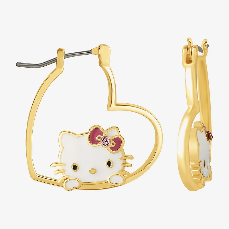 Womens Pink Crystal 18K Gold Over Brass 26.1mm Heart Hello Kitty Hoop Earrings